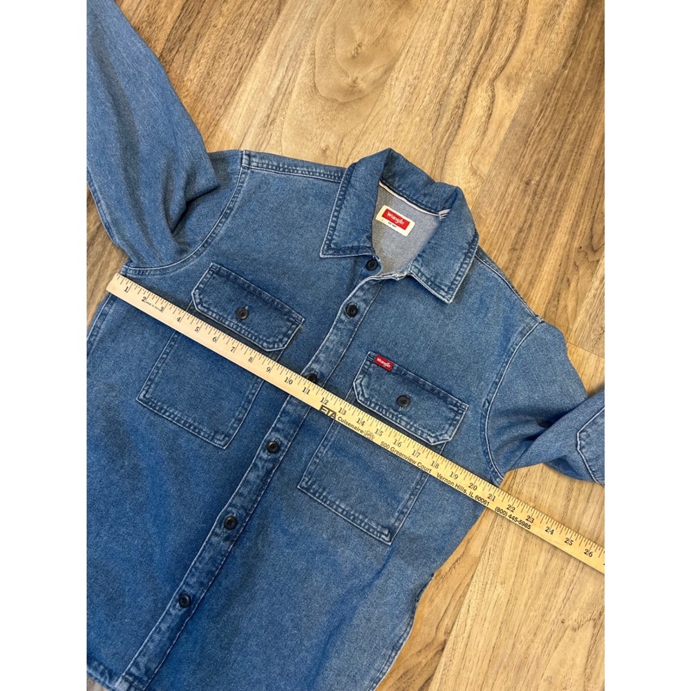 Wrangler Mens Denim Shirt Jacket Blue Cotton Button Up Elbow Patches Size Small - Picture 3 of 6
